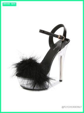 Clear Platform Ankle Strap Furry Sandals Stiletto Heel Peep Toe